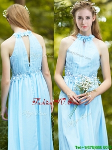 Affordable Halter Top Light Blue Bridesmaid Dresses with Appliques