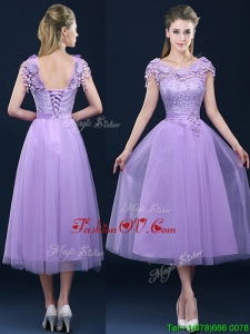 Affordable New Style Cap Sleeves Lavender Bridesmaid Dress with Lace and Appliques