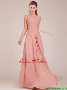 Affordable Ruched Decorated Bodice Peach Bridesmaid Dress with V Neck