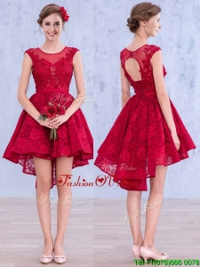 Affordable See Through Scoop High Low Wine Red Bridesmaid Dress with Lace