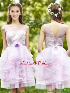 Affordable See Through Scoop Short Bridesmaid Dresses with Sashes and Ruffles