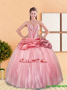 Designer 2015 Beading and Pick Ups Sweetheart Quinceanera Dresses in Rose Pink