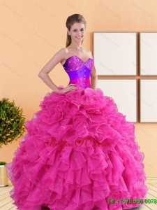 Designer 2015 Beading and Ruffles Sweetheart Quinceanera Dresses in Hot Pink