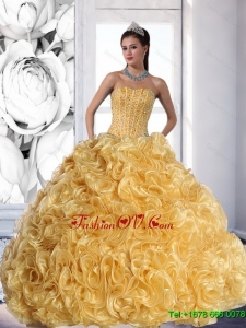 Designer Strapless Gold 2015 Quinceanera Dress with Beading and Rolling Flowers