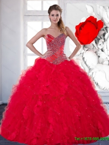 Designer Sweetheart Red Quinceanera Dress with Beading and Ruffles