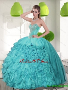 New Style Beading and Ruffles Strapless Aqua Blue Quinceanera Dresses for 2015