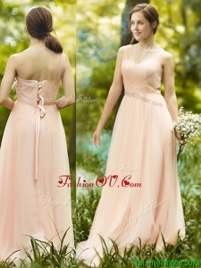 Elegant See Through One Shoulder Peach Bridesmaid Dress in Floor Length
