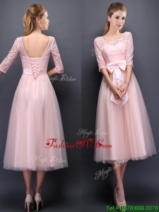 Most Popular Scoop Half Sleeves Baby Pink Bridesmaid Dress with Bowknot