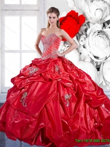 2015 Beading and Appliques Red Sweet Sixteen Dresses with Brush Train and Pick Ups