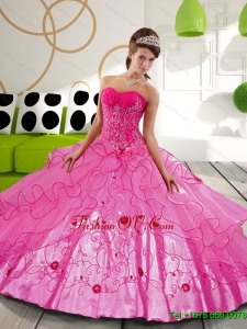 2015 Sturning Hot Pink Ball Gown Sweet Sixteen Dresses with Appliques