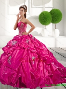 2015 Unique Appliques and Pick Ups Quinceanera Dress in Hot Pink