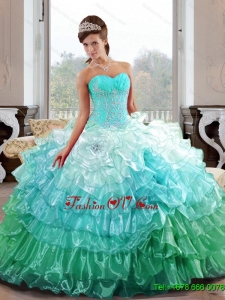 Unique Sweetheart 2015 Quinceanera Gown with Appliques and Ruffled Layers
