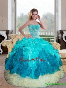 Unique Sweetheart Multi Color 2015 Quinceanera Gown with Appliques and Ruffles