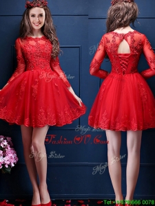 Classical Scoop Three Fourth Length Sleeves Short Mother Groom Dress with Beading and Lace