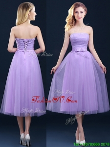 Discount Tea Length Tulle Lavender Bridesmaid Dress with Belt