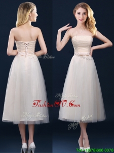 Low Price Strapless Belt Champagne Long Bridesmaid Dress in Tulle
