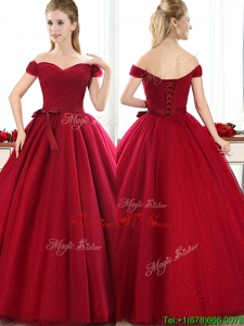 New Arrivals Off the Shoulder Wine Red Mother Groom Dress with Bowknot