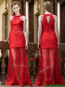Cheap Belted Red Long Mother Groom Dress in Tulle and Lace