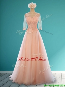 Classical Scoop Half Sleeves Bridesmaid Dress with Appliques and Belt