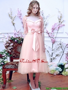 Comfortable Square Half Sleeves Bowknot Mother Groom Dress in Baby Pink