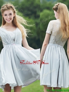 Elegant Sweetheart Short Sleeves Mother Groom Dress with Belt and Lace