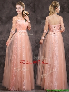 Exquisite See Through Applique and Laced Long Mother Groom Dress in Peach