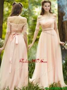 Fashionable Off the Shoulder Half Sleeves Bridesmaid Dress with Ribbons