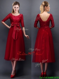 Gorgeous Scoop Half Sleeves Bowknot Mother Groom Dress in Wine Red