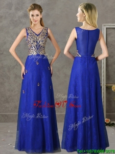 Gorgeous V Neck Appliques and Beading Mother Groom Dress in Royal Blue