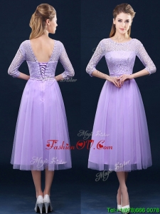 Latest Half Sleeves Tea Length Laced Mother Groom Dress in Lavender
