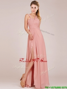 Modern Straps Peach Mother Groom Dress with Ruching and High Slit