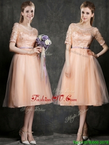 New Scoop Half Sleeves Mother Groom Dress with Sashes and Lace