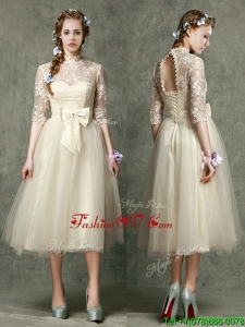 See Through High Neck Half Sleeves Mother Groom Dress with Lace and Bowknot