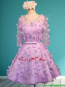 See Through Scoop Half Sleeves Mother Groom Dress with Appliques and Belt