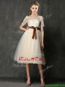 See Through Scoop Short Sleeves Mother Groom Dress with Bowknot and Lace
