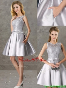 Classical Laced and Bowknot Scoop Prom Dress in Silver