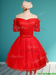 Comfortable Off the Shoulder Short Sleeves Red Prom Dress with Appliques and Belt