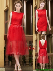 Exclusive Bateau Lace Tea Length Prom Dress in Red