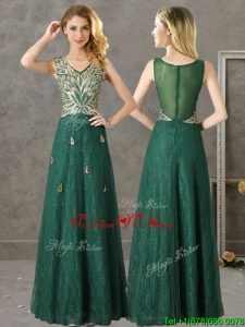 Luxurious V Neck Dark Green Prom Dress with Appliques and Beading