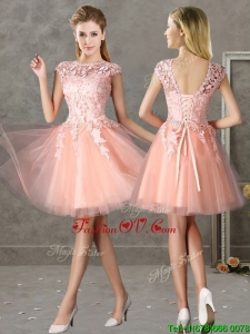 New Style Bateau Peach Short Prom Dress with Lace