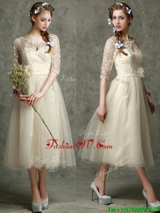 See Through Scoop Half Sleeves Prom Dress with Hand Made Flowers and Lace