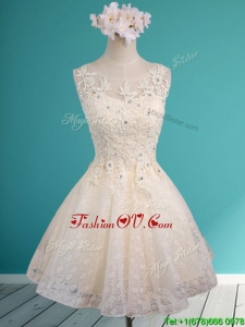 See Through Scoop Short Prom Dress with Beading and Appliques