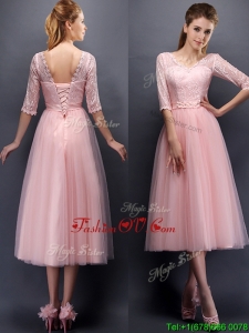 See Through V Neck Half Sleeves Prom Dress with Lace and Belt