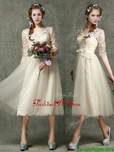 Elegant V Neck Half Sleeves Bridesmaid Dress with Lace and Belt