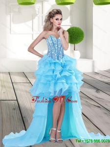 2015 Elegant Aqua Blue High Low Prom Dress with Beading and Ruffles