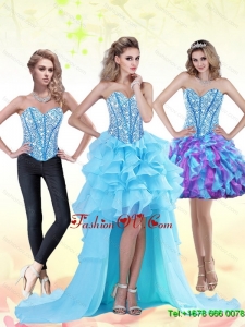 Aqua Blue High Low 2015 Prom Dress with Beading and Ruffles
