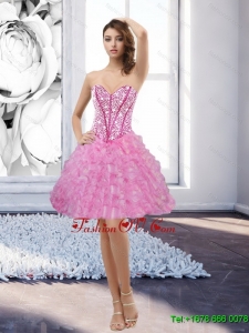 Elegant Rose Pink Sweetheart 2015 Prom Dress with Beading and Ruffles