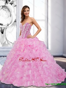 2015 Classic Sweetheart Beading and Ruffles Rose Pink Quinceanera Dresses