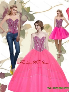 2015 Lovely Beading Sweetheart Tulle Hot Pink Quinceanera Dresses