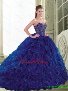 2015 Lovely Sweetheart Beading and Ruffles Navy Blue Quinceanera Dresses